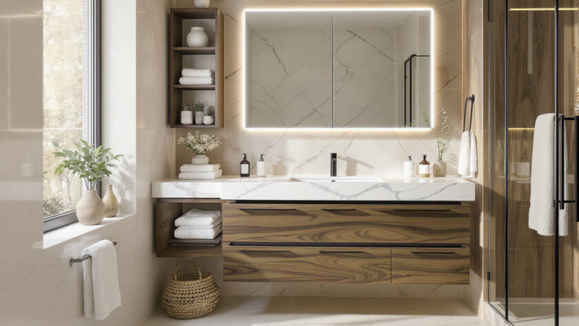 Remodeled modern bathroom with white tone, marble wall, backlit vanity mirror, large outdoor window, and enclosed shower with wooden accents.