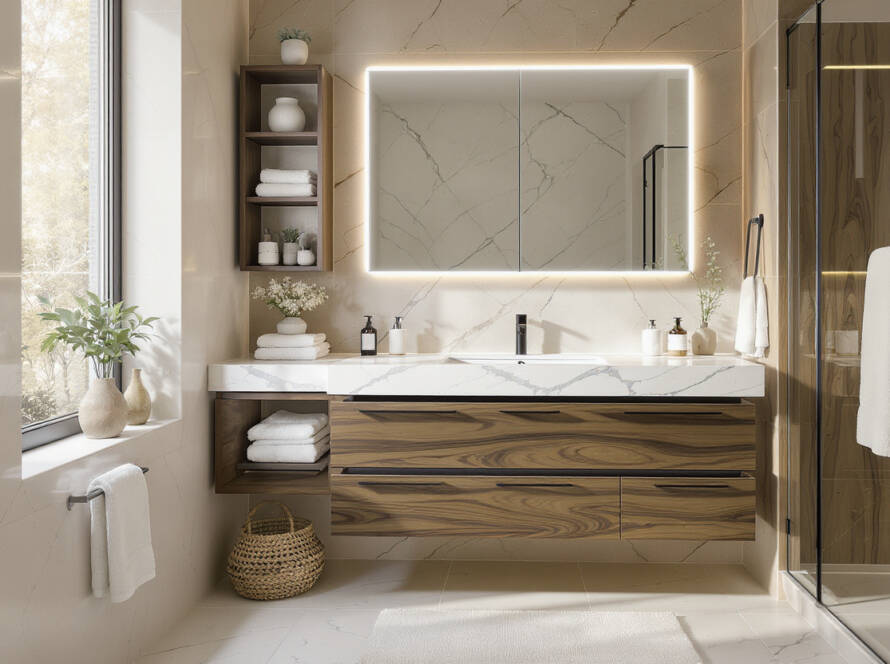 Remodeled modern bathroom with white tone, marble wall, backlit vanity mirror, large outdoor window, and enclosed shower with wooden accents.