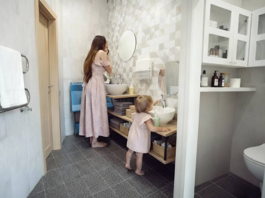 mother and child getting ready in bathroom