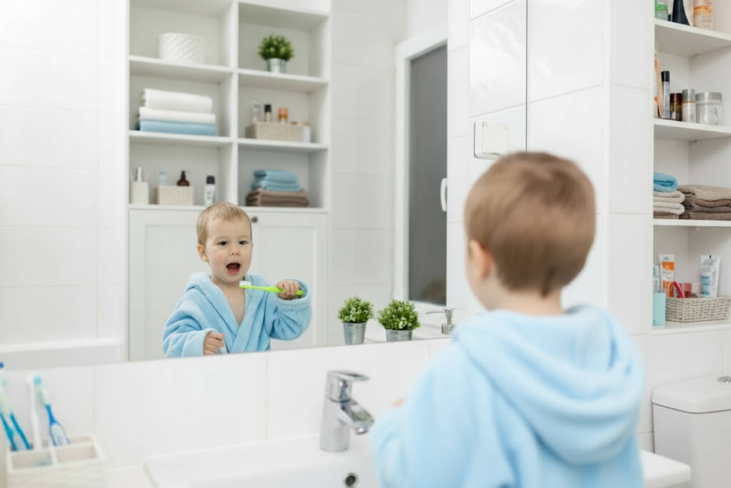 little boy brushing teeth in front of mirror