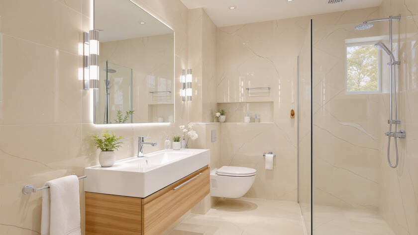 small bathroom with mirror and chrome fixtures