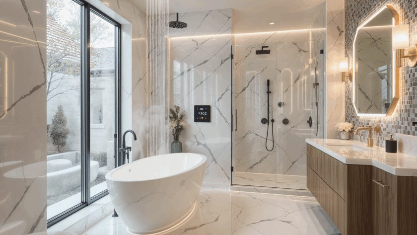 White tone bathroom with full length window to the outside next to stand alone tub with single piece marble walls and floors.