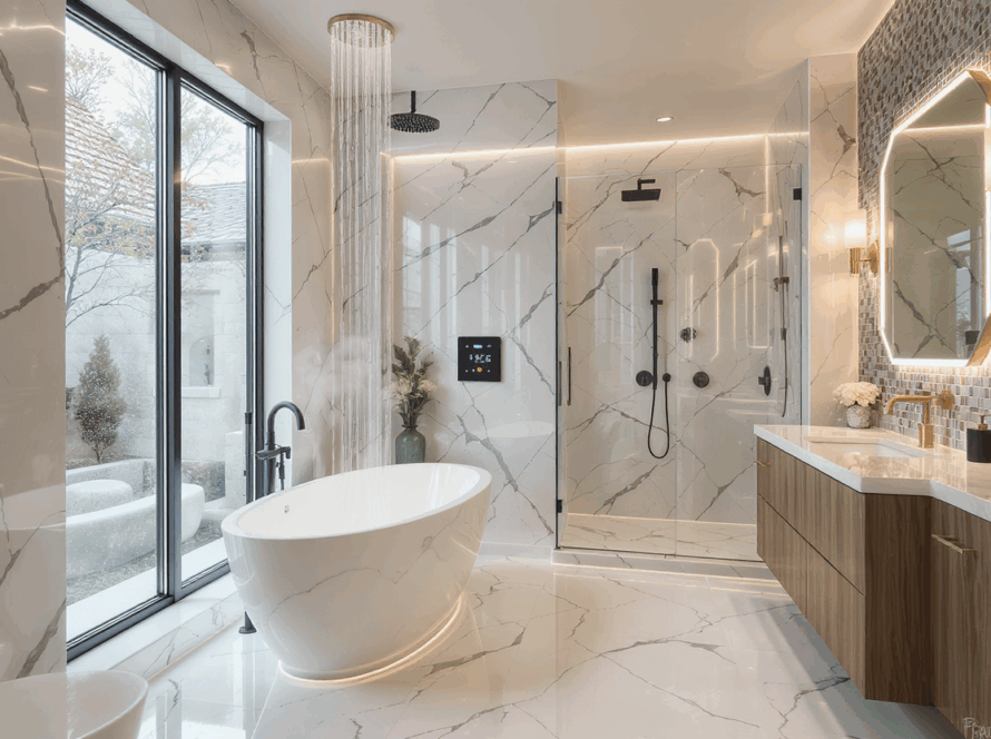 White tone bathroom with full length window to the outside next to stand alone tub with single piece marble walls and floors.