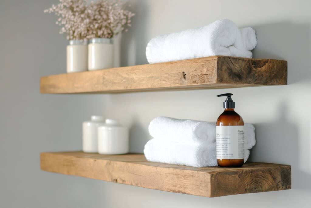 Tan wall with wooden floating shelves topped with towels, lotion and decor