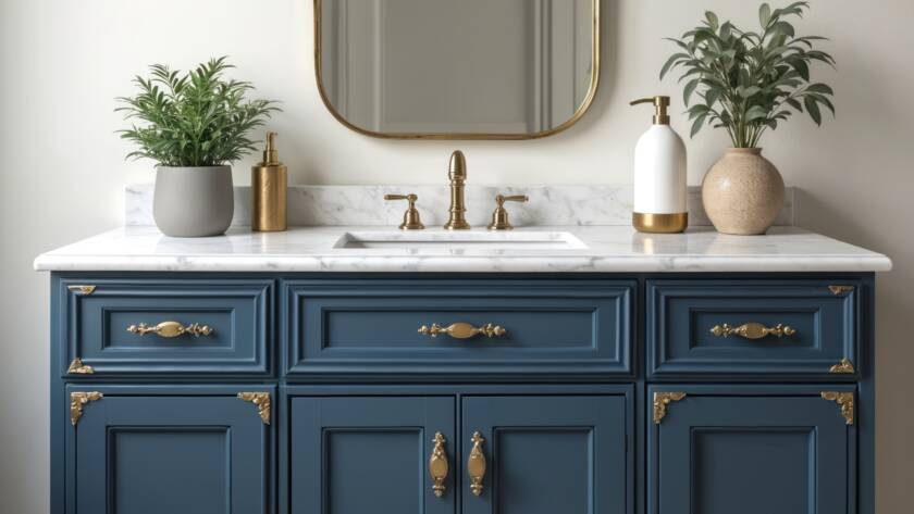 Navy-blue bathroom vanity with gold hardware, white marble countertop with lotions and two small plants sitting on top. White wall background with rectangular, and curved cornered mirror.