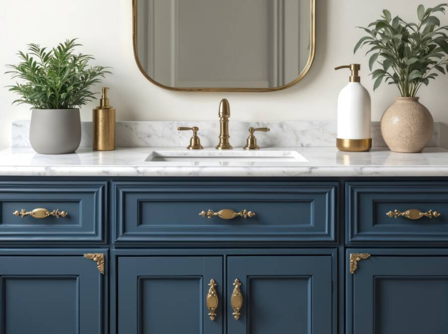 Navy-blue bathroom vanity with gold hardware, white marble countertop with lotions and two small plants sitting on top. White wall background with rectangular, and curved cornered mirror.