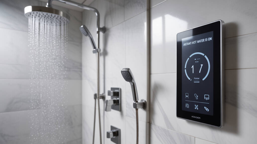 White modern bathroom with shower running and a controller that reads "instant hot water is on".